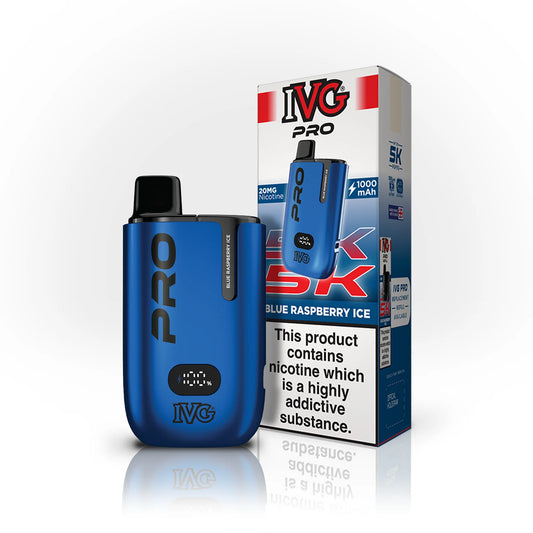 A blue IVG Pro disposable vape device stands next to its retail packaging box on a clean white background with a subtle reflection. The packaging is white with red and blue branding and text indicating 'Blue Raspberry Ice' and '5% Nicotine'.